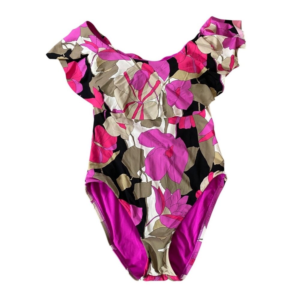 Trina Turk Floral Off-Shoulder One-Piece Swimsuit Pink/Beige/Black Size 8